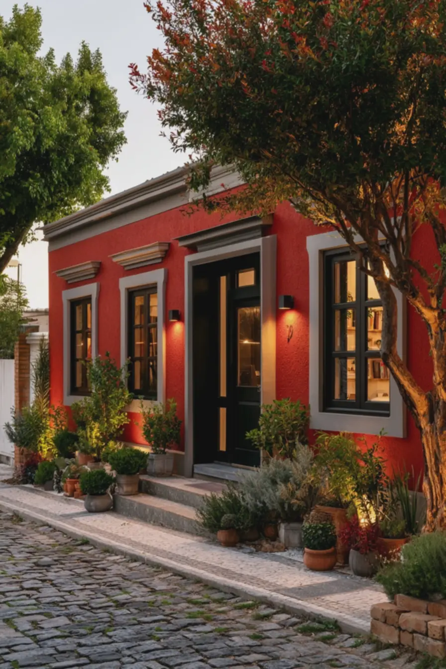 fachada-com-pintura-fosca-vermelha-e-elementos-arquitetonicos-em-bege-mediocriando-transicao-suave Portas, janelas e volumes: escolha de cores que equilibram fachadas coloridas fachada-com-pintura-fosca-vermelha-e-elementos-arquitetonicos-em-bege-mediocriando-transicao-suave Portas, janelas e volumes: escolha de cores que equilibram fachadas coloridas