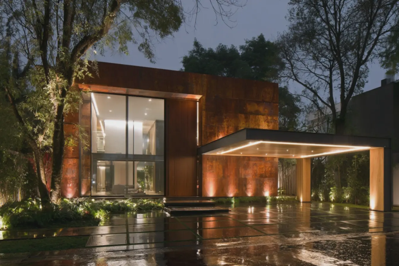 fachada-contemporanea-iluminada-a-noite-com-parede-em-metal-corten-oxidado-etextura-rugosa-marcante Fachadas de casas modernas: ideias que mudam a cara da sua residência fachada-contemporanea-iluminada-a-noite-com-parede-em-metal-corten-oxidado-etextura-rugosa-marcante Fachadas de casas modernas: ideias que mudam a cara da sua residência