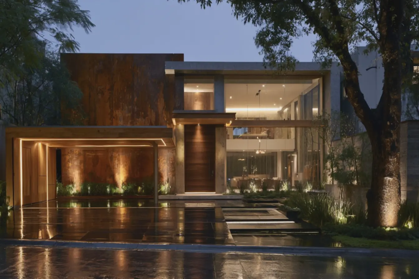 fachada-noturna-com-piso-em-porcelanato-preto-polido-reflexivo-apos-chuvadestaque-para-design-arquitetonico Fachadas de casas modernas: ideias que mudam a cara da sua residência fachada-noturna-com-piso-em-porcelanato-preto-polido-reflexivo-apos-chuvadestaque-para-design-arquitetonico Fachadas de casas modernas: ideias que mudam a cara da sua residência