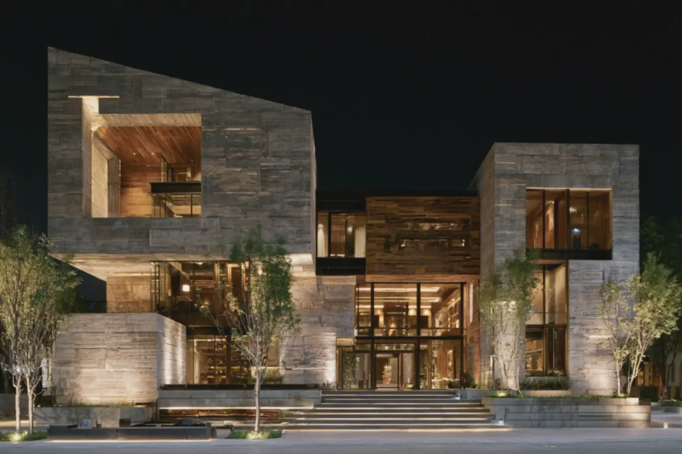 fachada-noturna-integrada-ao-ambiente-urbano-com-iluminacao-sofisticadarealcando-materiais-naturais-e-elementos-arquitetonicos Fachadas modernas que brilham à noite: iluminação e efeitos que valorizam volumes fachada-noturna-integrada-ao-ambiente-urbano-com-iluminacao-sofisticadarealcando-materiais-naturais-e-elementos-arquitetonicos Fachadas modernas que brilham à noite: iluminação e efeitos que valorizam volumes