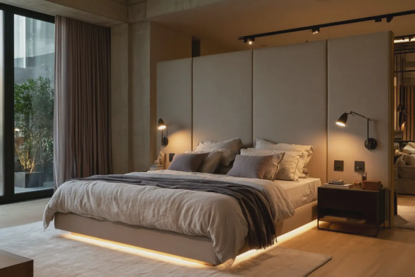 fita-de-led-embutida-na-base-da-cama-criando-efeito-flutuante-que-ampliavisualmente-o-ambiente Cabeceiras estofadas e iluminação pontual: dupla que amplia e valoriza o quarto de casal fita-de-led-embutida-na-base-da-cama-criando-efeito-flutuante-que-ampliavisualmente-o-ambiente Cabeceiras estofadas e iluminação pontual: dupla que amplia e valoriza o quarto de casal