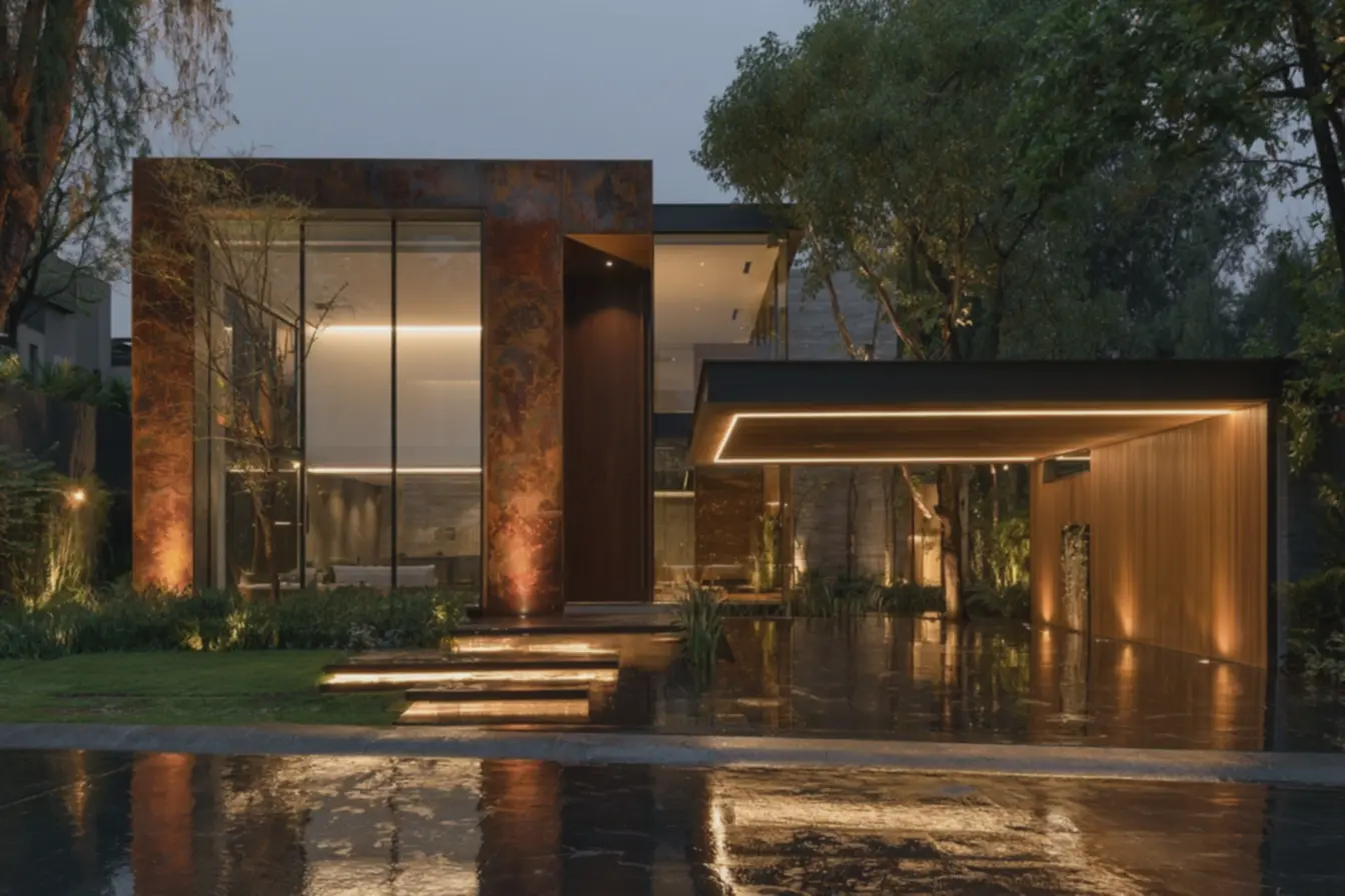 garagem-coberta-com-pergolado-de-madeira-clara-iluminada-por-fitas-de-ledcriando-efeitos-de-luz-e-sombra Fachadas de casas modernas: ideias que mudam a cara da sua residência garagem-coberta-com-pergolado-de-madeira-clara-iluminada-por-fitas-de-ledcriando-efeitos-de-luz-e-sombra Fachadas de casas modernas: ideias que mudam a cara da sua residência