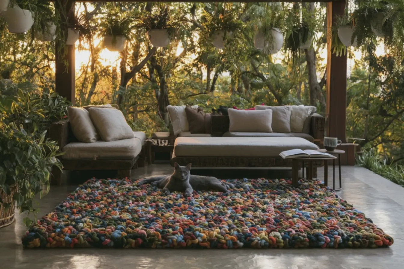 gato-relaxando-sobre-tapete-de-croche-colorido-em-varanda-com-plantas-penduradase-mesa-lateral Decoração com tapetes de crochê: os detalhes e modelos que deixam sua casa mais linda gato-relaxando-sobre-tapete-de-croche-colorido-em-varanda-com-plantas-penduradase-mesa-lateral Decoração com tapetes de crochê: os detalhes e modelos que deixam sua casa mais linda