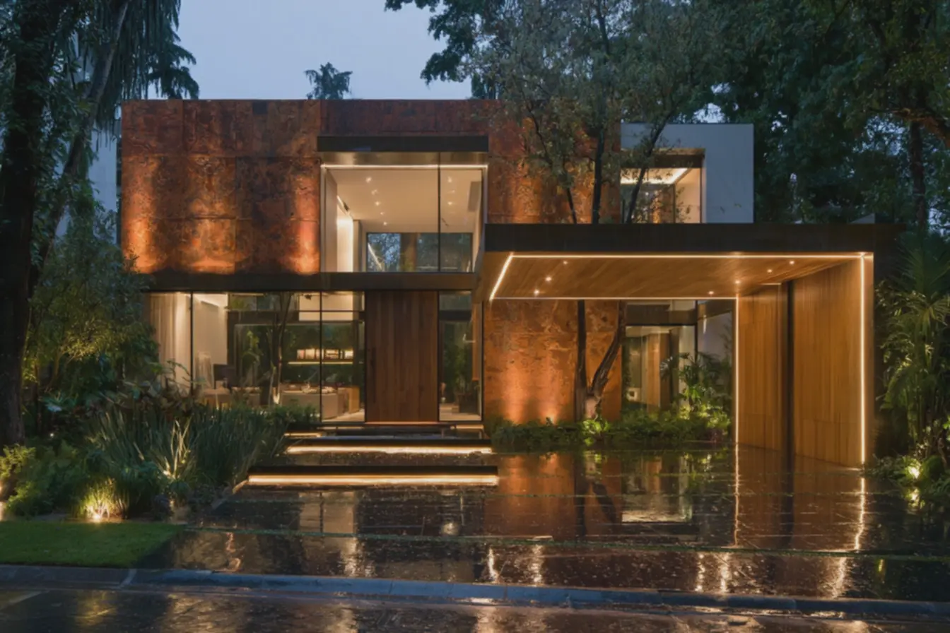 grandes-paineis-de-vidro-transparente-revelando-interior-minimalista-com-luzbranca-fria-em-casa-moderna Fachadas de casas modernas: ideias que mudam a cara da sua residência grandes-paineis-de-vidro-transparente-revelando-interior-minimalista-com-luzbranca-fria-em-casa-moderna Fachadas de casas modernas: ideias que mudam a cara da sua residência