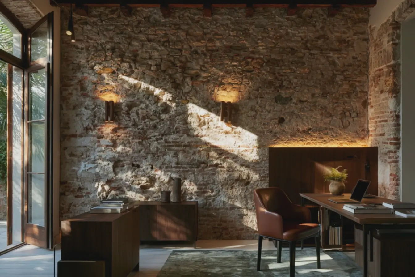 home-office-com-parede-de-tijolo-de-demolicao-rustico-iluminada-por-luz-ambarquente Parede de tijolo a vista rústico: o detalhe que muda toda a atmosfera da sua casa home-office-com-parede-de-tijolo-de-demolicao-rustico-iluminada-por-luz-ambarquente Parede de tijolo a vista rústico: o detalhe que muda toda a atmosfera da sua casa