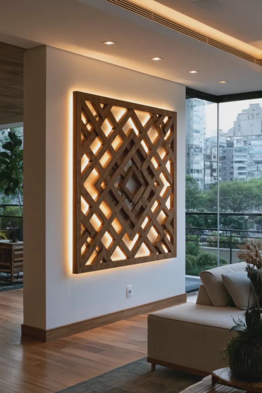 iluminacao-indireta-entre-quadro-e-parede-espacamento-visivel-de-seiscentimetros-profundidade-na-decoracao-de-sala Luz por trás de quadros vazados em MDF: profundidade e clima para paredes iluminacao-indireta-entre-quadro-e-parede-espacamento-visivel-de-seiscentimetros-profundidade-na-decoracao-de-sala Luz por trás de quadros vazados em MDF: profundidade e clima para paredes