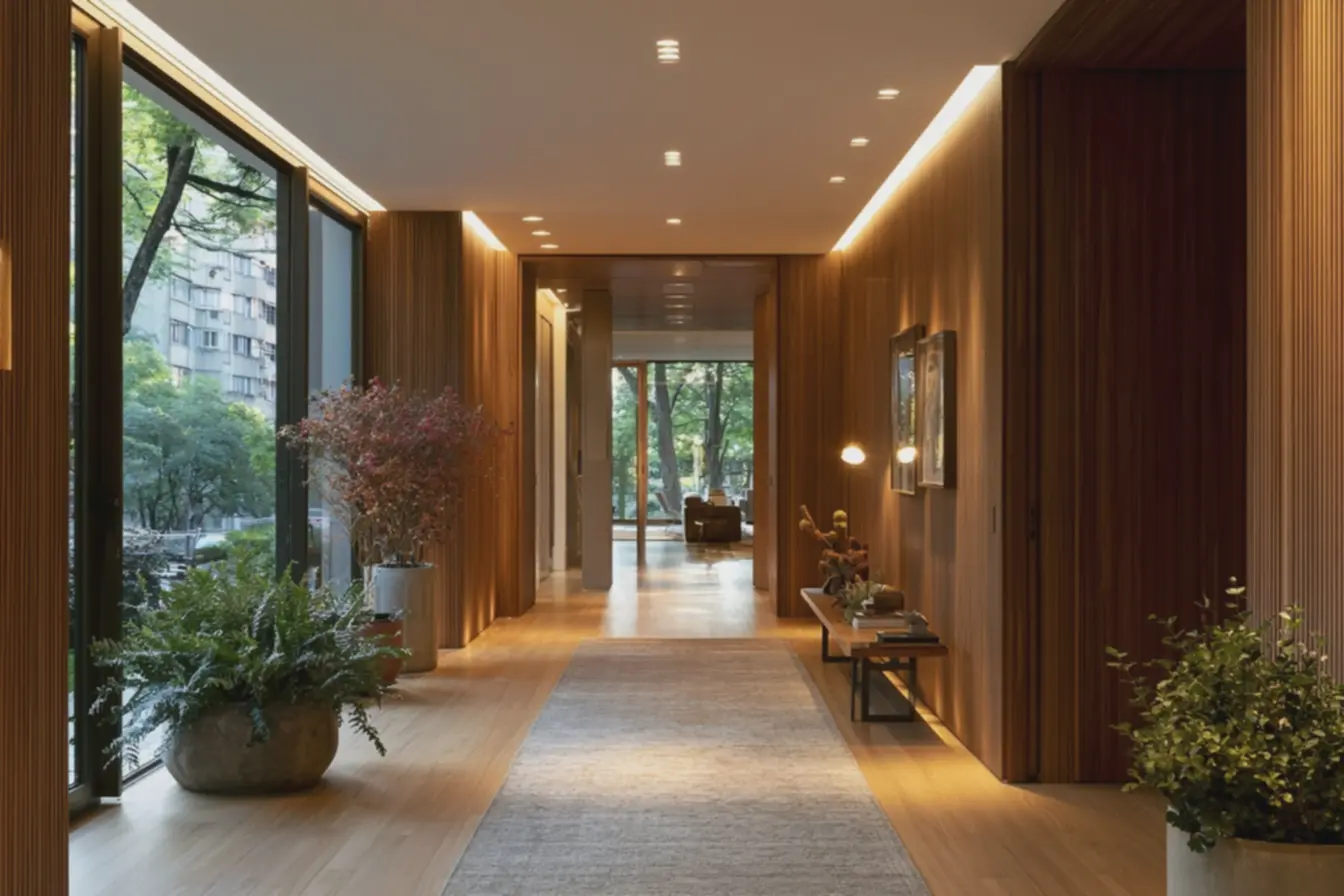iluminacao-natural-combinada-com-luzes-embutidas-realcando-textura-suave-esensacao-de-amplitude-extrema-no-hall-revestido Revestimento para parede que amplia visualmente corredores e hall de entrada iluminacao-natural-combinada-com-luzes-embutidas-realcando-textura-suave-esensacao-de-amplitude-extrema-no-hall-revestido Revestimento para parede que amplia visualmente corredores e hall de entrada