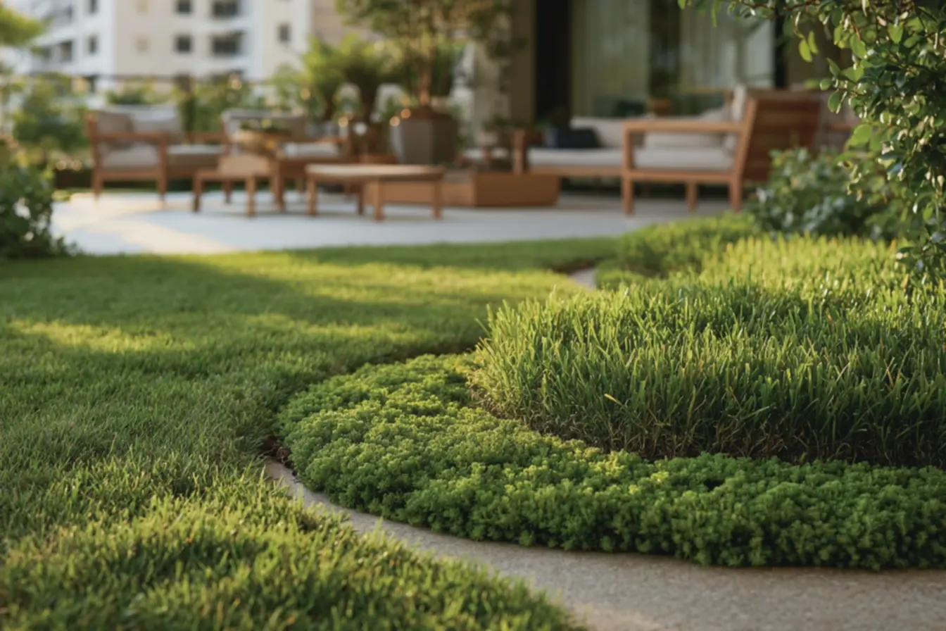 jardim-moderno-com-chao-nivelado-e-moveis-de-madeira-clara-em-ambienteconvidativo-para-caminhar-descalco Bordas e transições: unir grama natural e artificial sem perder o visual jardim-moderno-com-chao-nivelado-e-moveis-de-madeira-clara-em-ambienteconvidativo-para-caminhar-descalco Bordas e transições: unir grama natural e artificial sem perder o visual