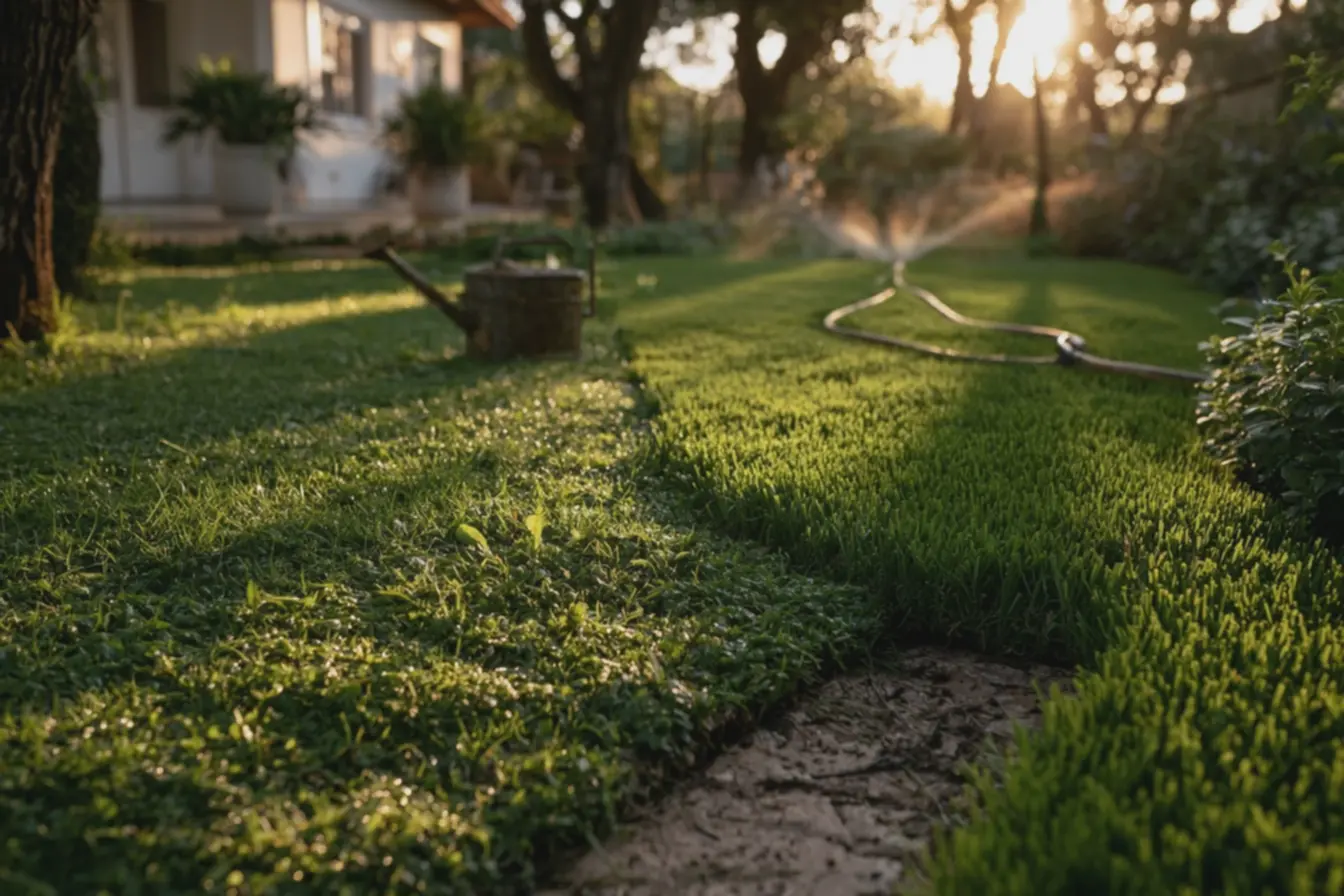 jardim-residencial-com-metade-da-grama-natural-verde-e-metade-de-gramaartificial-destacando-contraste-de-textura Grama natural ou artificial: o detalhe que muda tudo no seu jardim jardim-residencial-com-metade-da-grama-natural-verde-e-metade-de-gramaartificial-destacando-contraste-de-textura Grama natural ou artificial: o detalhe que muda tudo no seu jardim