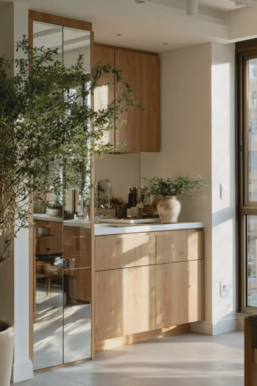 kitchenette-compacta-com-armario-de-madeira-clara-e-portas-espelhadas-em-faixashorizontais-para-ampliar-espaco Espelhos e móveis: equilíbrio entre reflexos e armazenamento em espaços pequenos kitchenette-compacta-com-armario-de-madeira-clara-e-portas-espelhadas-em-faixashorizontais-para-ampliar-espaco Espelhos e móveis: equilíbrio entre reflexos e armazenamento em espaços pequenos