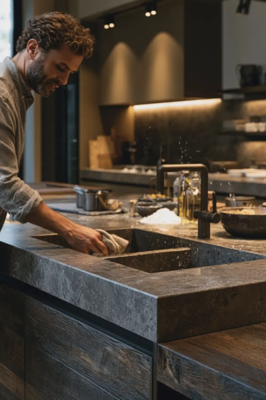 limpeza-rapida-de-pia-de-granito-com-pano-em-ambiente-com-utensilios-eingredientes-culinarios-recentes Pia de mármore sintético ou granito: qual combina melhor com sua cozinha? limpeza-rapida-de-pia-de-granito-com-pano-em-ambiente-com-utensilios-eingredientes-culinarios-recentes Pia de mármore sintético ou granito: qual combina melhor com sua cozinha?