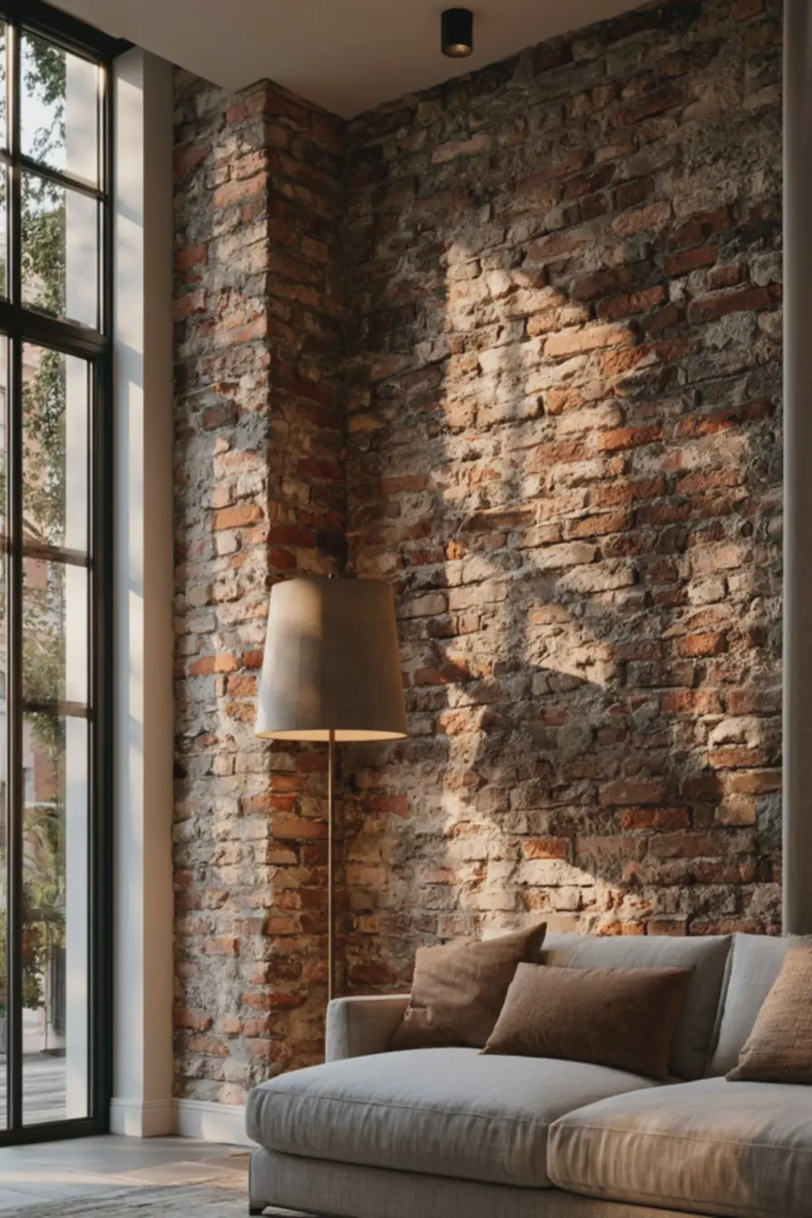 luminaria-de-chao-com-luz-quente-realcando-relevos-e-sombras-em-parede-de-tijoloreal-na-sala-de-estar Tijolo à vista rústico real ou revestimento imitado: prós e contras para cada ambiente luminaria-de-chao-com-luz-quente-realcando-relevos-e-sombras-em-parede-de-tijoloreal-na-sala-de-estar Tijolo à vista rústico real ou revestimento imitado: prós e contras para cada ambiente