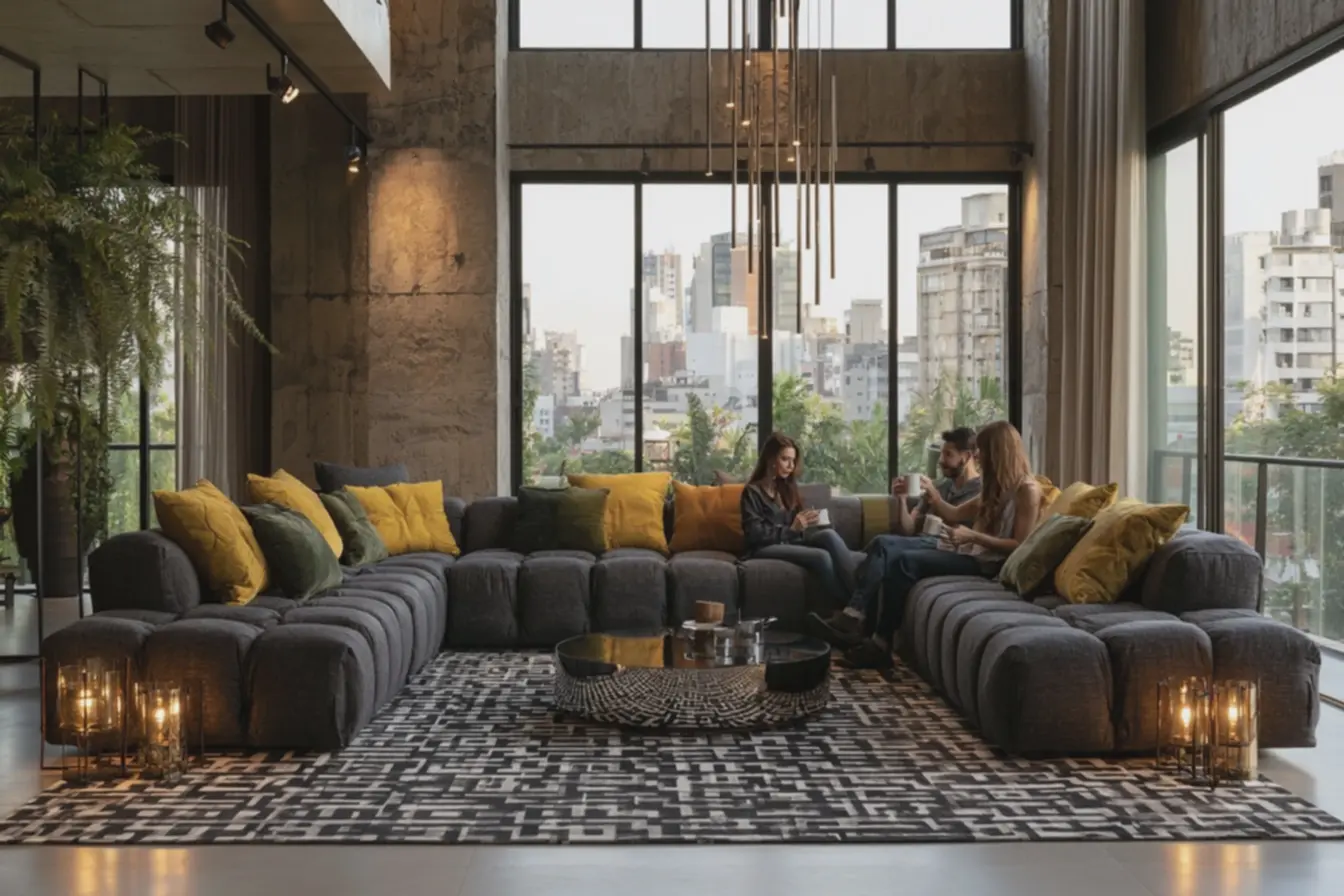 luminarias-douradas-e-luz-quente-realcam-design-moderno-e-funcionalidade-na-salacom-pe-direito-alto-e-cimento-queimado Você sabe onde colocar o sofá na sala? A posição dele pode mudar tudo. luminarias-douradas-e-luz-quente-realcam-design-moderno-e-funcionalidade-na-salacom-pe-direito-alto-e-cimento-queimado Você sabe onde colocar o sofá na sala? A posição dele pode mudar tudo.