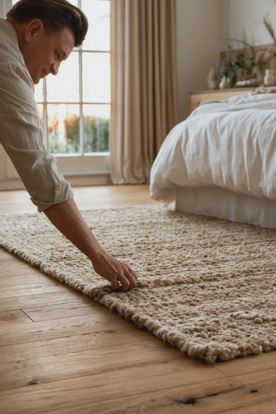 mao-ajustando-tapete-felpudo-claro-que-ultrapassa-40-cm-da-cama-casal-paraancorar-visualmente-o-movel Cortinas curtas, tapetes pequenos e outros deslizes que roubam espaço visual do quarto mao-ajustando-tapete-felpudo-claro-que-ultrapassa-40-cm-da-cama-casal-paraancorar-visualmente-o-movel Cortinas curtas, tapetes pequenos e outros deslizes que roubam espaço visual do quarto