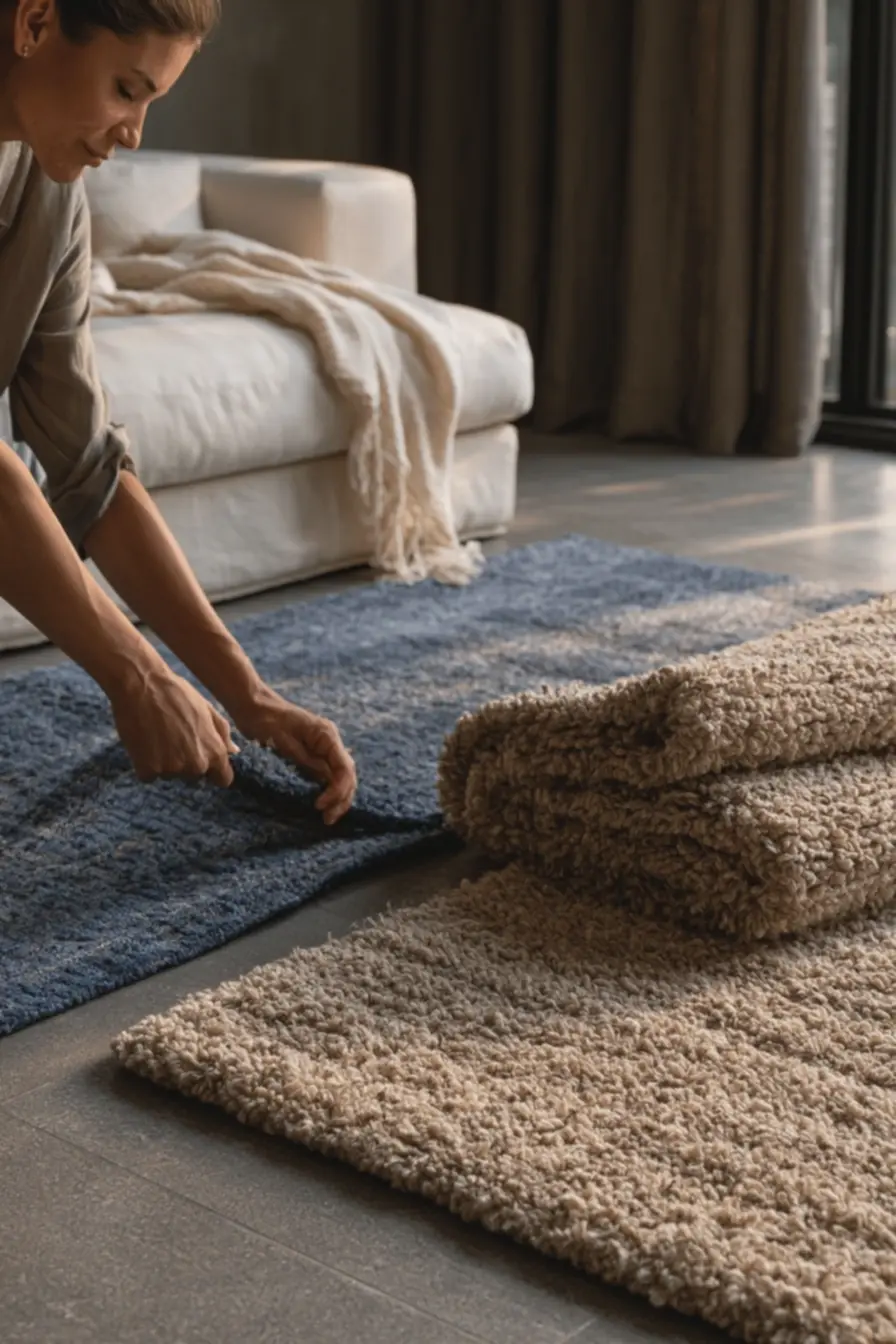 maos-trocando-tapete-fino-azul-por-tapete-bege-de-pelo-medio-para-aquecerambiente-com-piso-frio-de-porcelanato Mantas, tapetes e cortinas: combinações que aquecem a casa no frio maos-trocando-tapete-fino-azul-por-tapete-bege-de-pelo-medio-para-aquecerambiente-com-piso-frio-de-porcelanato Mantas, tapetes e cortinas: combinações que aquecem a casa no frio