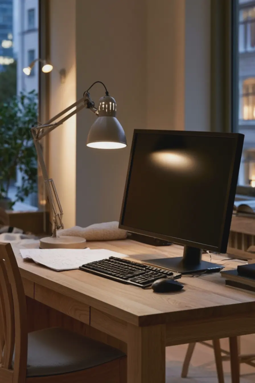 mesa-de-madeira-fosca-clara-com-iluminacao-focal-que-elimina-sombras-e-reflexosno-monitor-grande-para-conforto-visual Decoração de home office: iluminação de tarefa que reduz fadiga e aumenta foco mesa-de-madeira-fosca-clara-com-iluminacao-focal-que-elimina-sombras-e-reflexosno-monitor-grande-para-conforto-visual Decoração de home office: iluminação de tarefa que reduz fadiga e aumenta foco