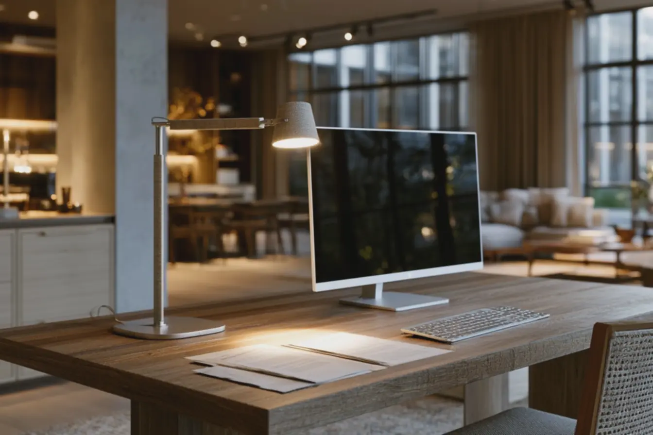 mesa-de-madeira-fosca-tom-medio-combinada-com-paredes-claras-e-iluminacao-geralquente-para-conforto-e-produtividade Decoração de home office: iluminação de tarefa que reduz fadiga e aumenta foco mesa-de-madeira-fosca-tom-medio-combinada-com-paredes-claras-e-iluminacao-geralquente-para-conforto-e-produtividade Decoração de home office: iluminação de tarefa que reduz fadiga e aumenta foco
