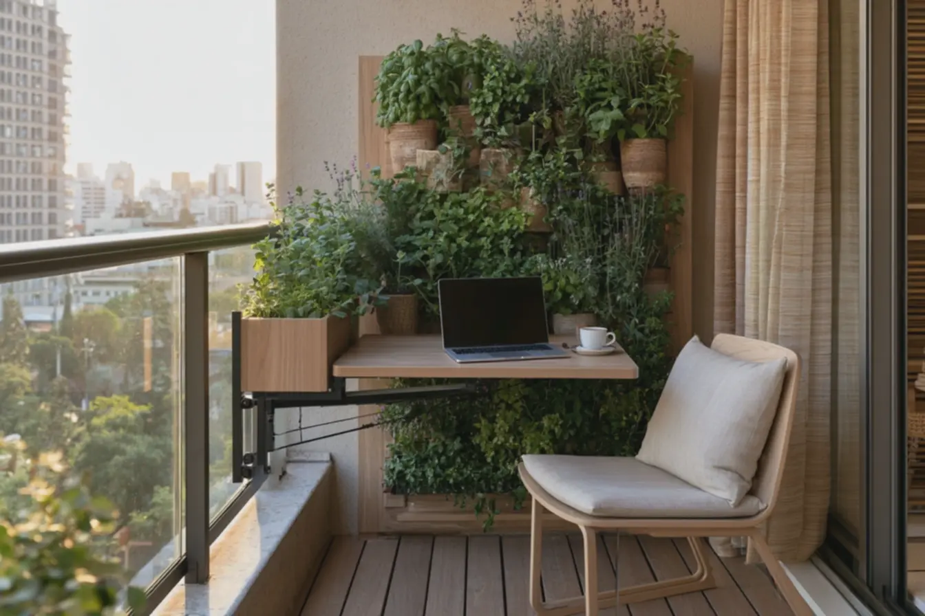 mesa-dobravel-fixada-na-parede-com-laptop-e-xicara-de-cafe-em-varanda-urbanailuminada-por-luz-natural-suave Decoração de varanda: ideias inesperadas para renovar seu espaço com charme mesa-dobravel-fixada-na-parede-com-laptop-e-xicara-de-cafe-em-varanda-urbanailuminada-por-luz-natural-suave Decoração de varanda: ideias inesperadas para renovar seu espaço com charme