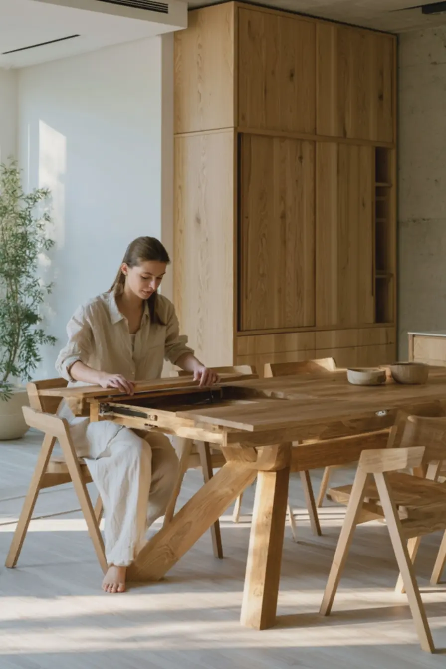mesa-extensivel-de-madeira-nogueira-com-acabamento-artesanal-em-sala-compactailuminada Móveis multifuncionais com estética autoral: escolhas para morar com menos e melhor mesa-extensivel-de-madeira-nogueira-com-acabamento-artesanal-em-sala-compactailuminada Móveis multifuncionais com estética autoral: escolhas para morar com menos e melhor