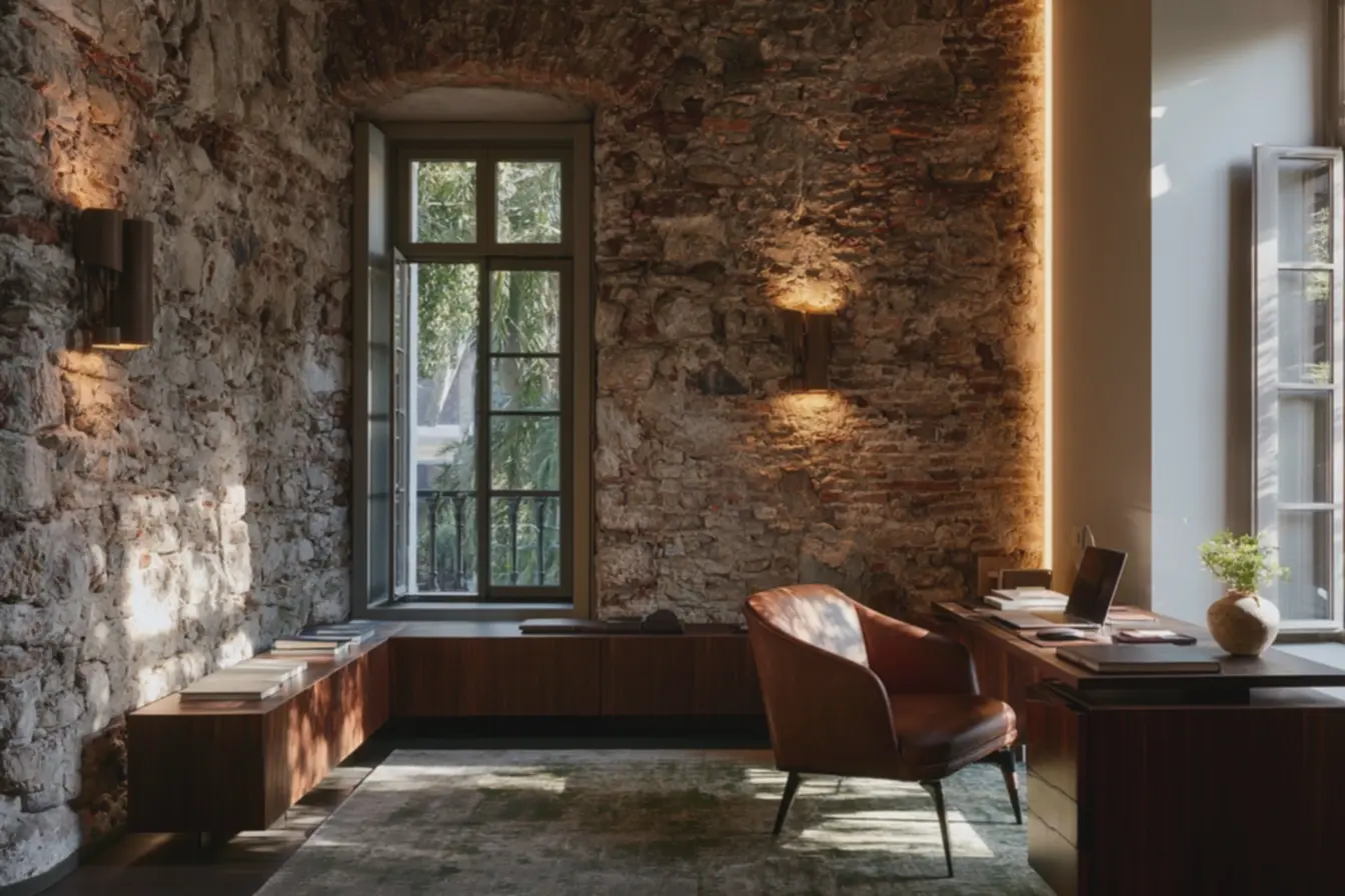 moveis-minimalistas-em-madeira-escura-e-cadeira-de-couro-marrom-em-ambiente-detrabalho-aconchegante Parede de tijolo a vista rústico: o detalhe que muda toda a atmosfera da sua casa moveis-minimalistas-em-madeira-escura-e-cadeira-de-couro-marrom-em-ambiente-detrabalho-aconchegante Parede de tijolo a vista rústico: o detalhe que muda toda a atmosfera da sua casa