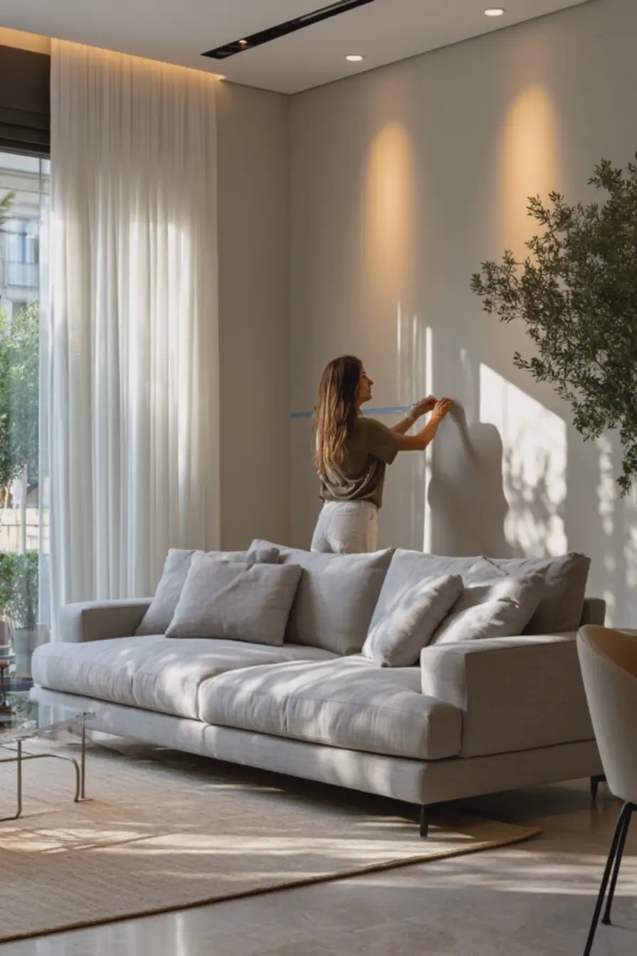 mulher-marcando-altura-do-sofa-com-fita-crepe-azul-para-avaliar-proporcao-dosmoveis-em-sala-de-estar-com-pe-direito-alto Erros de escala que deixam a sala apertada — correções baratas e de grande efeito visual mulher-marcando-altura-do-sofa-com-fita-crepe-azul-para-avaliar-proporcao-dosmoveis-em-sala-de-estar-com-pe-direito-alto Erros de escala que deixam a sala apertada — correções baratas e de grande efeito visual