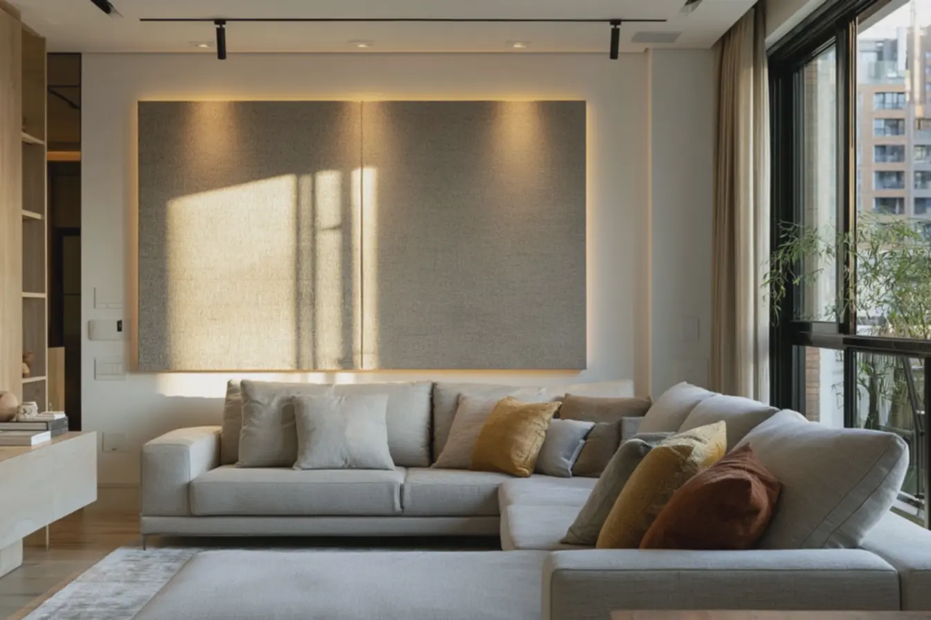 painel-de-tecido-fosco-iluminado-por-luz-natural-difusa-combinando-com-sofacinza-claro-e-aparador-minimalista-madeira-clara Paredes sem furar: soluções visuais para personalizar apartamento alugado painel-de-tecido-fosco-iluminado-por-luz-natural-difusa-combinando-com-sofacinza-claro-e-aparador-minimalista-madeira-clara Paredes sem furar: soluções visuais para personalizar apartamento alugado