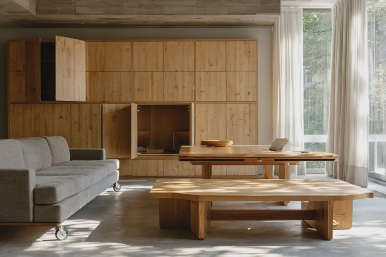 painel-modular-de-madeira-clara-em-apartamento-pequeno-aberto-em-varias-partescriando-espacos-multifuncionais Móveis modulares, dobráveis e com rodízios para maximizar espaços em apartamentos pequenos painel-modular-de-madeira-clara-em-apartamento-pequeno-aberto-em-varias-partescriando-espacos-multifuncionais Móveis modulares, dobráveis e com rodízios para maximizar espaços em apartamentos pequenos