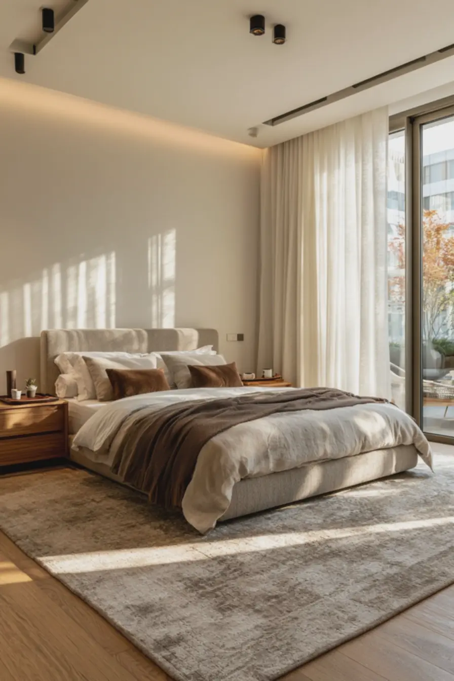 parede-clara-e-elementos-verticais-como-cortina-longa-para-criar-sensacao-deamplitude-e-conforto-no-quarto Cortinas curtas, tapetes pequenos e outros deslizes que roubam espaço visual do quarto parede-clara-e-elementos-verticais-como-cortina-longa-para-criar-sensacao-deamplitude-e-conforto-no-quarto Cortinas curtas, tapetes pequenos e outros deslizes que roubam espaço visual do quarto