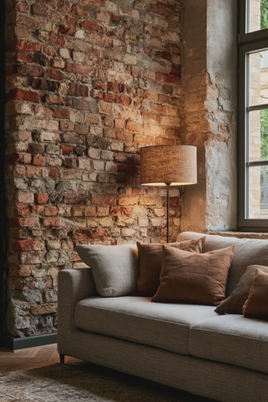 parede-de-tijolo-rustico-real-em-sala-de-estar-pequena-com-textura-natural-etons-variados Tijolo à vista rústico real ou revestimento imitado: prós e contras para cada ambiente parede-de-tijolo-rustico-real-em-sala-de-estar-pequena-com-textura-natural-etons-variados Tijolo à vista rústico real ou revestimento imitado: prós e contras para cada ambiente