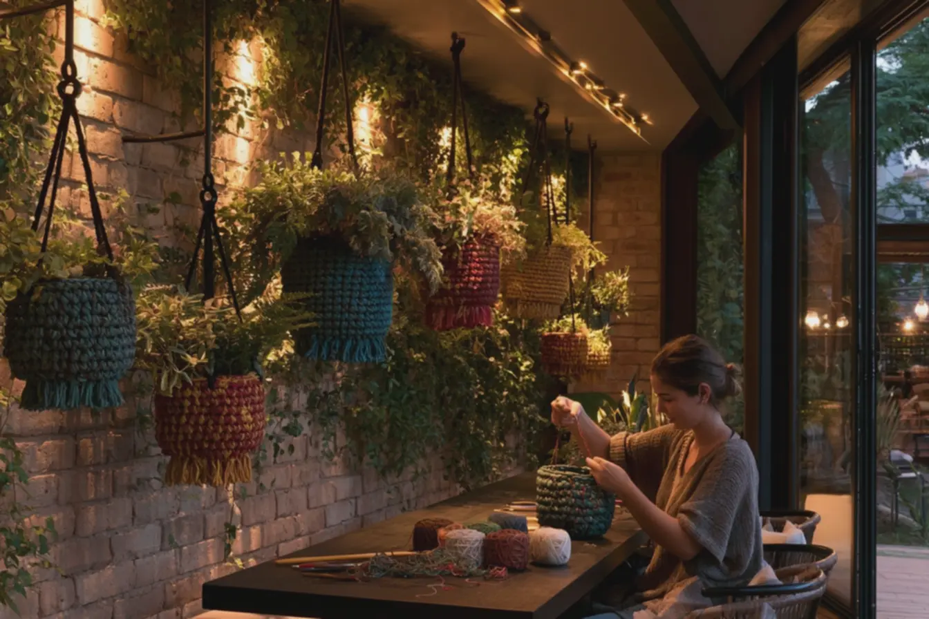 parede-de-tijolos-com-trepadeiras-e-vasos-artesanais-pendurados-em-ganchos-demetal Vasos de plantas com crochê: o tipo de decoração diy que chama atenção. parede-de-tijolos-com-trepadeiras-e-vasos-artesanais-pendurados-em-ganchos-demetal Vasos de plantas com crochê: o tipo de decoração diy que chama atenção.