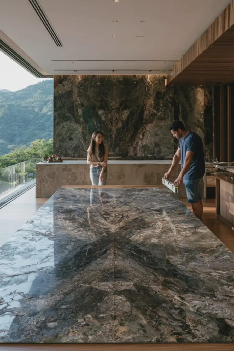 parede-e-piso-de-pedra-natural-com-veios-escuros-simetricos-e-textura-suave-emcozinha-iluminada Revestimentos grandes além do porcelanato: cerâmica, cimento e pedras em escala maior parede-e-piso-de-pedra-natural-com-veios-escuros-simetricos-e-textura-suave-emcozinha-iluminada Revestimentos grandes além do porcelanato: cerâmica, cimento e pedras em escala maior