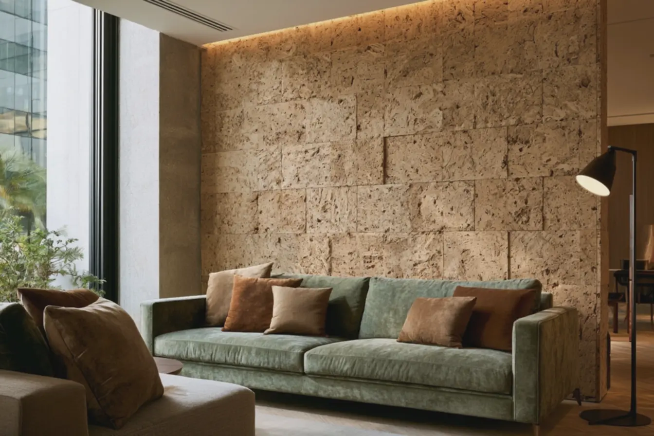 parede-revestida-com-cortica-natural-com-textura-irregular-para-otimizacaoacustica-em-sala Revestimento para parede: materiais que melhoram acústica de salas e quartos parede-revestida-com-cortica-natural-com-textura-irregular-para-otimizacaoacustica-em-sala Revestimento para parede: materiais que melhoram acústica de salas e quartos
