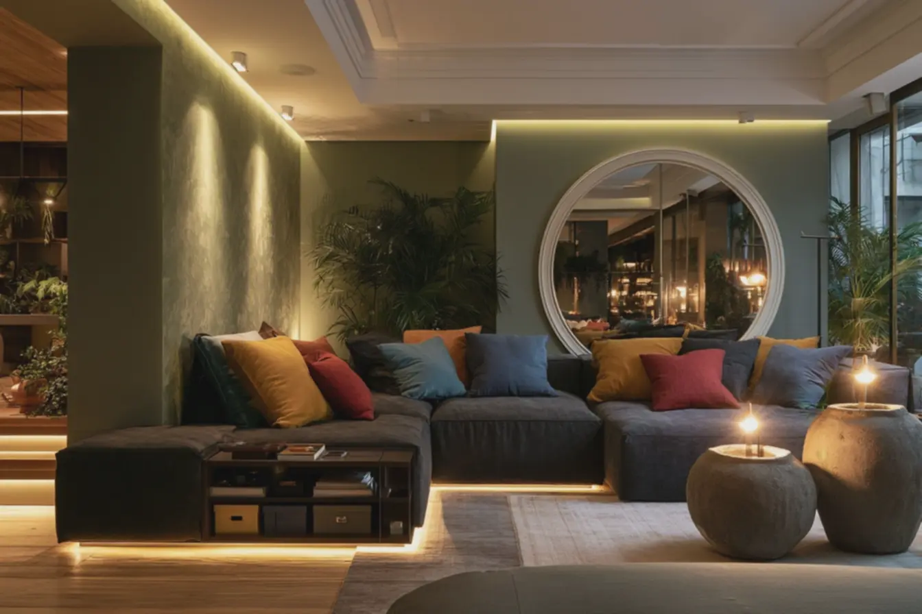 parede-verde-suave-com-textura-aveludada-combinada-com-espelho-circularampliador Sala nova gastando pouco: ideias simples que mudam seu ambiente rápido parede-verde-suave-com-textura-aveludada-combinada-com-espelho-circularampliador Sala nova gastando pouco: ideias simples que mudam seu ambiente rápido