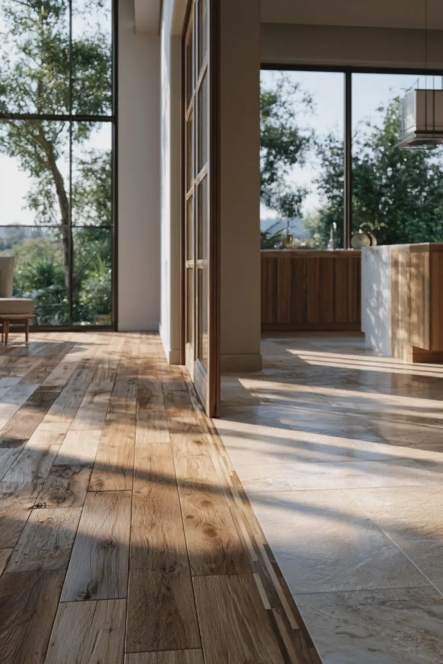 piso-de-madeira-larga-conectado-a-porcelanato-claro-por-borda-de-transicaodiscreta-criando-fluxo-continuo-entre-sala-e-cozinha Transição de pisos: soluções para integrar ambientes sem quebrar a estética piso-de-madeira-larga-conectado-a-porcelanato-claro-por-borda-de-transicaodiscreta-criando-fluxo-continuo-entre-sala-e-cozinha Transição de pisos: soluções para integrar ambientes sem quebrar a estética