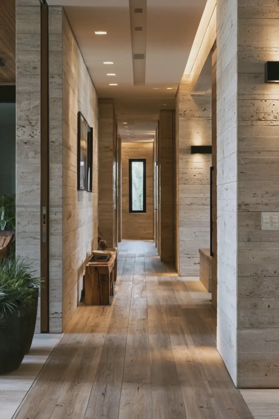 portas-camufladas-sem-puxadores-discretas-em-corredor-com-revestimento-emporcelanato-que-promove-amplitude-e-conforto-visual Revestimento para parede que amplia visualmente corredores e hall de entrada portas-camufladas-sem-puxadores-discretas-em-corredor-com-revestimento-emporcelanato-que-promove-amplitude-e-conforto-visual Revestimento para parede que amplia visualmente corredores e hall de entrada
