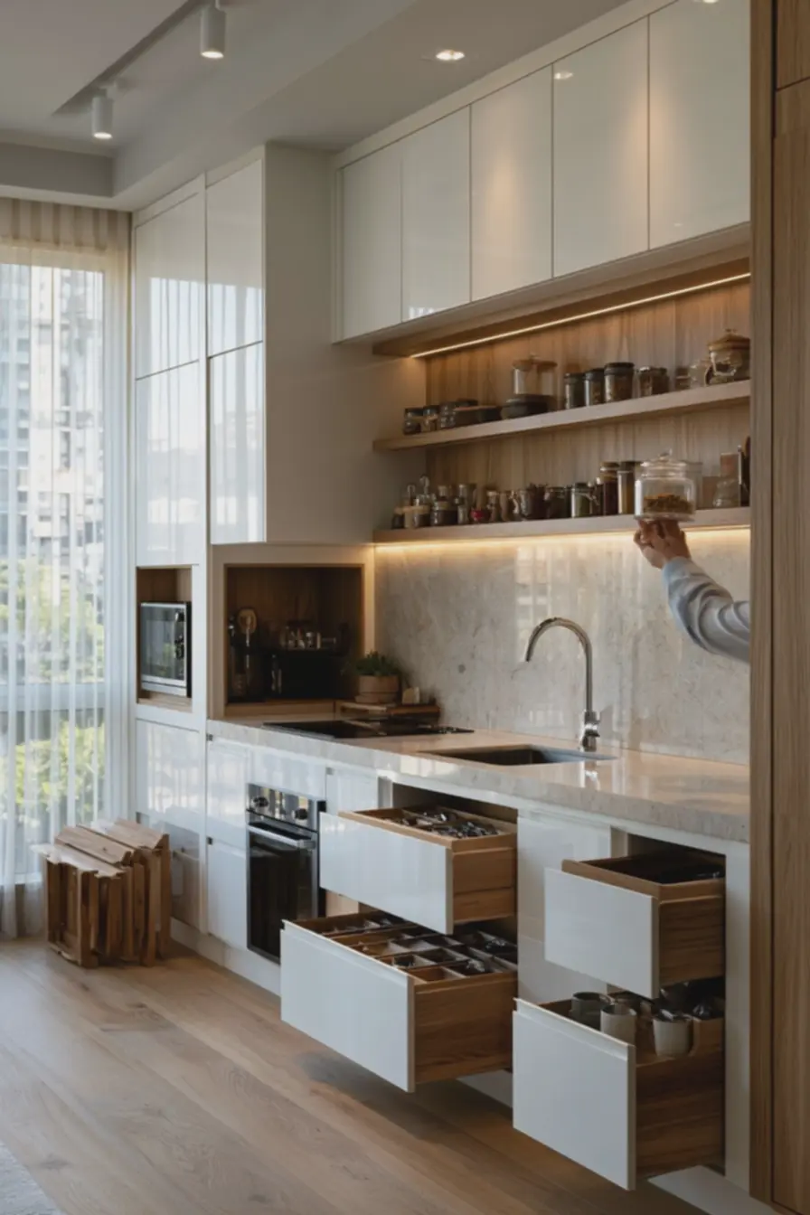 prateleiras-aereas-de-madeira-natural-com-potes-de-temperos-e-utensiliosorganizados-em-cozinha-compacta Modelos de apartamento pequeno: ideias que ampliam espaço e estilo rápido prateleiras-aereas-de-madeira-natural-com-potes-de-temperos-e-utensiliosorganizados-em-cozinha-compacta Modelos de apartamento pequeno: ideias que ampliam espaço e estilo rápido
