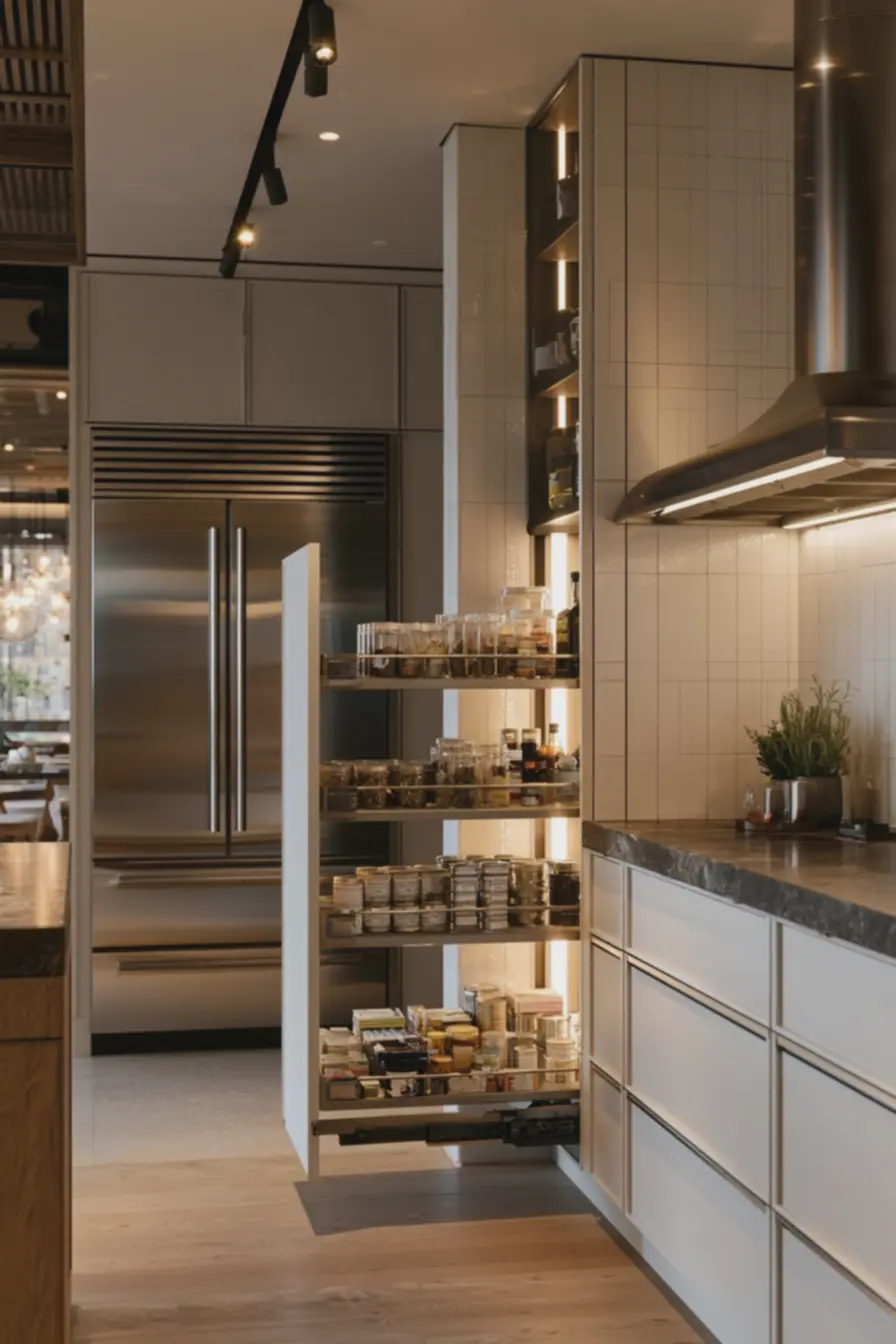 prateleiras-moveis-com-potes-transparentes-temperos-latas-e-pacotes-pequenosiluminadas-por-luz-artificial-quente Tendências na decoração de cozinhas que escondem detalhes surpreendentes prateleiras-moveis-com-potes-transparentes-temperos-latas-e-pacotes-pequenosiluminadas-por-luz-artificial-quente Tendências na decoração de cozinhas que escondem detalhes surpreendentes