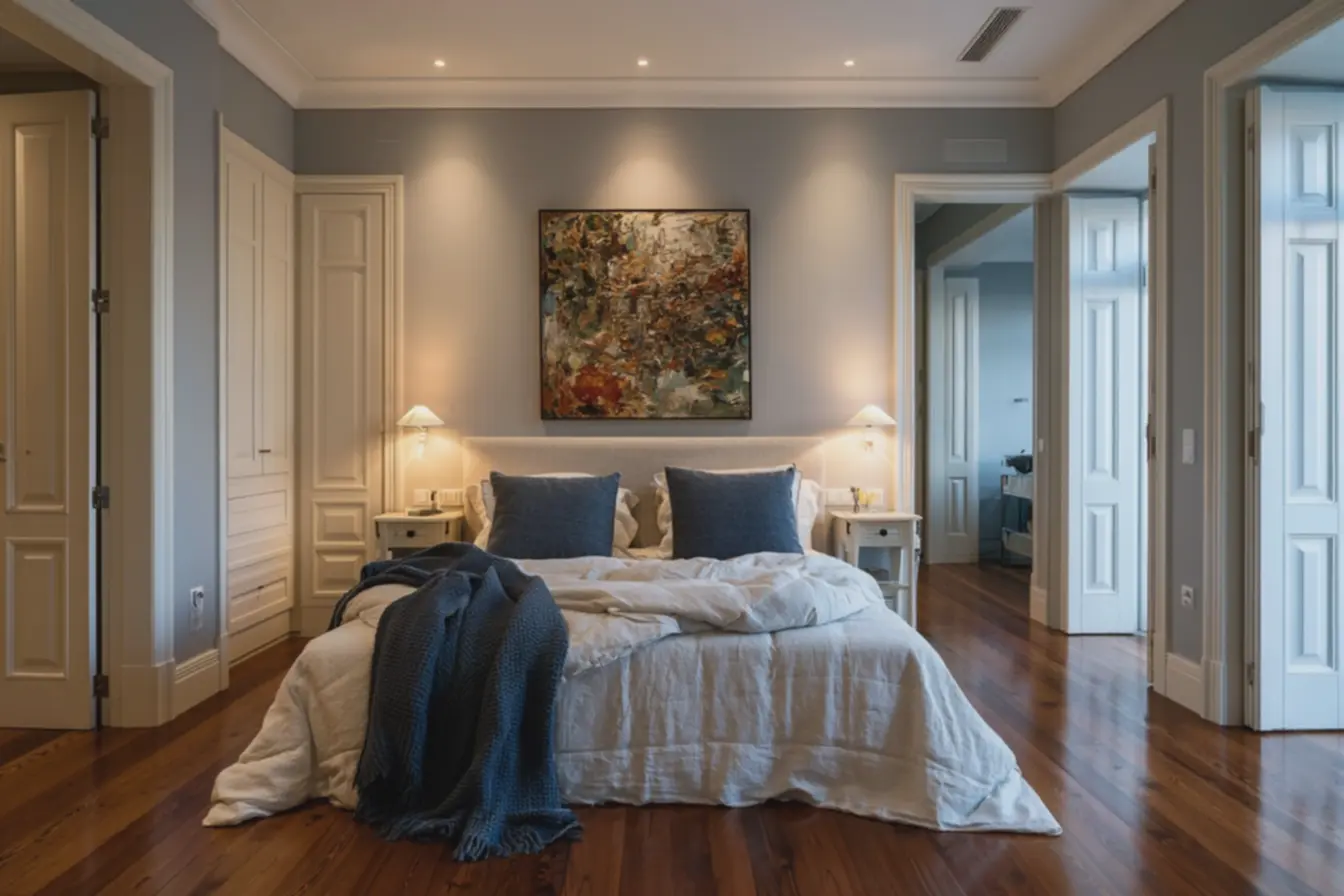 quarto-com-paredes-cinza-claro-frio-e-cama-com-roupa-de-cama-azul-meia-noitecriando-contraste-acolhedor Combinação de cores de parede e móveis: o erro que gera ambiente sem vida quarto-com-paredes-cinza-claro-frio-e-cama-com-roupa-de-cama-azul-meia-noitecriando-contraste-acolhedor Combinação de cores de parede e móveis: o erro que gera ambiente sem vida