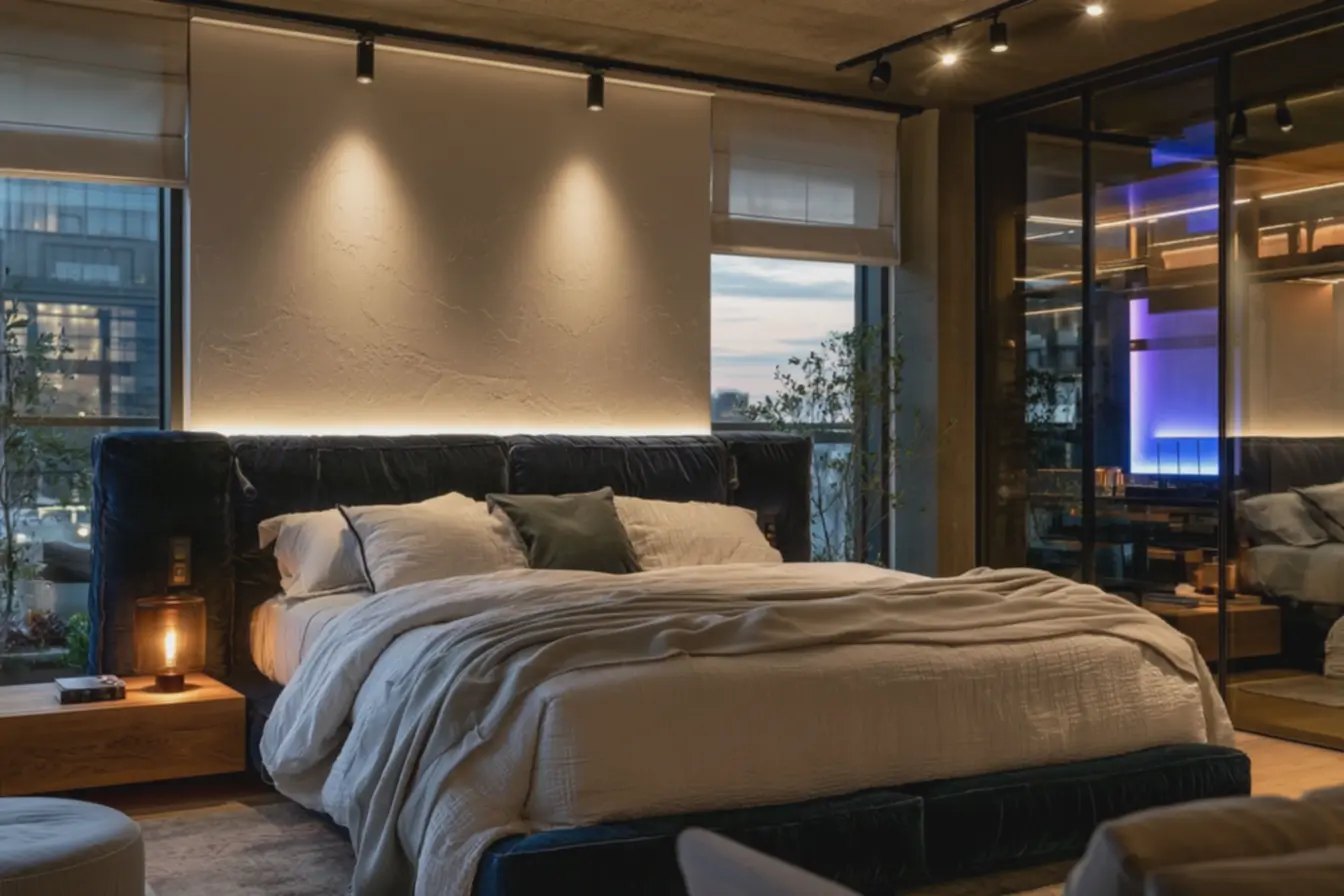 quarto-contemporaneo-com-cabeceira-azul-escuro-fita-led-luz-quente-2700k-criandohalo-difuso-parede-off-white-ambiente-sofisticado-e-acolhedor Usar led na decoração: como o efeito certo muda a atmosfera do seu ambiente quarto-contemporaneo-com-cabeceira-azul-escuro-fita-led-luz-quente-2700k-criandohalo-difuso-parede-off-white-ambiente-sofisticado-e-acolhedor Usar led na decoração: como o efeito certo muda a atmosfera do seu ambiente