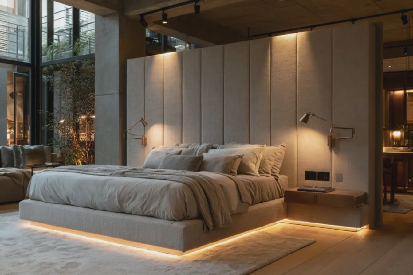 quarto-de-casal-de-luxo-com-cabeceira-estofada-alta-e-larga-em-tom-bege-clarofosco-e-costura-vertical Cabeceiras estofadas e iluminação pontual: dupla que amplia e valoriza o quarto de casal quarto-de-casal-de-luxo-com-cabeceira-estofada-alta-e-larga-em-tom-bege-clarofosco-e-costura-vertical Cabeceiras estofadas e iluminação pontual: dupla que amplia e valoriza o quarto de casal