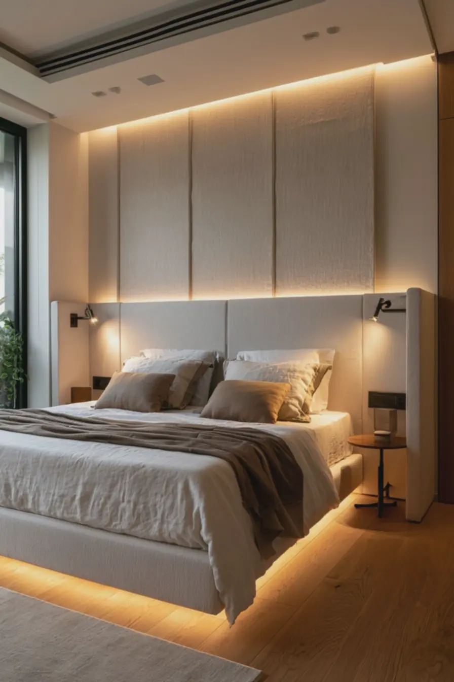 quarto-de-casal-pequeno-com-cabeceira-estofada-alta-em-tecido-claro-fosco-ecosturas-verticais Cabeceiras estofadas e iluminação pontual: dupla que amplia e valoriza o quarto de casal quarto-de-casal-pequeno-com-cabeceira-estofada-alta-em-tecido-claro-fosco-ecosturas-verticais Cabeceiras estofadas e iluminação pontual: dupla que amplia e valoriza o quarto de casal