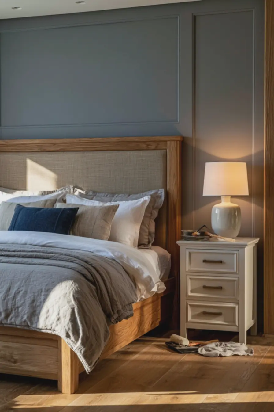 quarto-decorado-com-parede-azul-acinzentada-e-cama-de-madeira-clara-paraambiente-tranquilo As melhores ideias de decoração simples e barata que encantam a todos quarto-decorado-com-parede-azul-acinzentada-e-cama-de-madeira-clara-paraambiente-tranquilo As melhores ideias de decoração simples e barata que encantam a todos