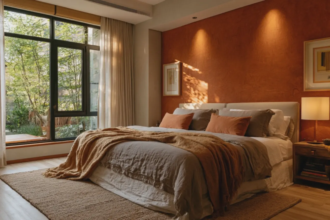 quarto-luxury-com-parede-laranja-amarronzado-fosco-com-acabamento-acetinado-paraconforto Laranja no quarto: escolher o tom certo para dormir bem sem abrir mão do calor quarto-luxury-com-parede-laranja-amarronzado-fosco-com-acabamento-acetinado-paraconforto Laranja no quarto: escolher o tom certo para dormir bem sem abrir mão do calor