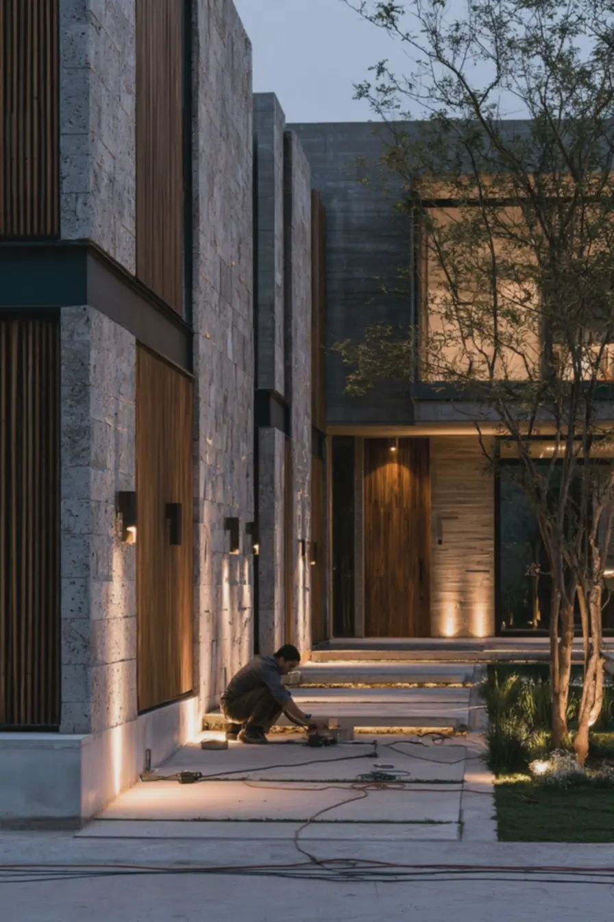 residencia-moderna-com-luminaria-ajustada-manualmente-para-iluminacao-rasantesobre-paineis-texturizados-e-brises-de-madeira Fachadas modernas que brilham à noite: iluminação e efeitos que valorizam volumes residencia-moderna-com-luminaria-ajustada-manualmente-para-iluminacao-rasantesobre-paineis-texturizados-e-brises-de-madeira Fachadas modernas que brilham à noite: iluminação e efeitos que valorizam volumes