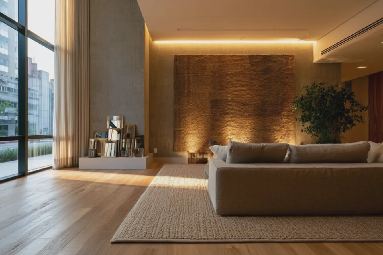 sala-ampla-com-pe-direito-alto-decorada-com-painel-textil-quente-fixado-com-fitadupla-face Ideias baratas para decorar paredes sem furar: opções simples e de grande efeito sala-ampla-com-pe-direito-alto-decorada-com-painel-textil-quente-fixado-com-fitadupla-face Ideias baratas para decorar paredes sem furar: opções simples e de grande efeito