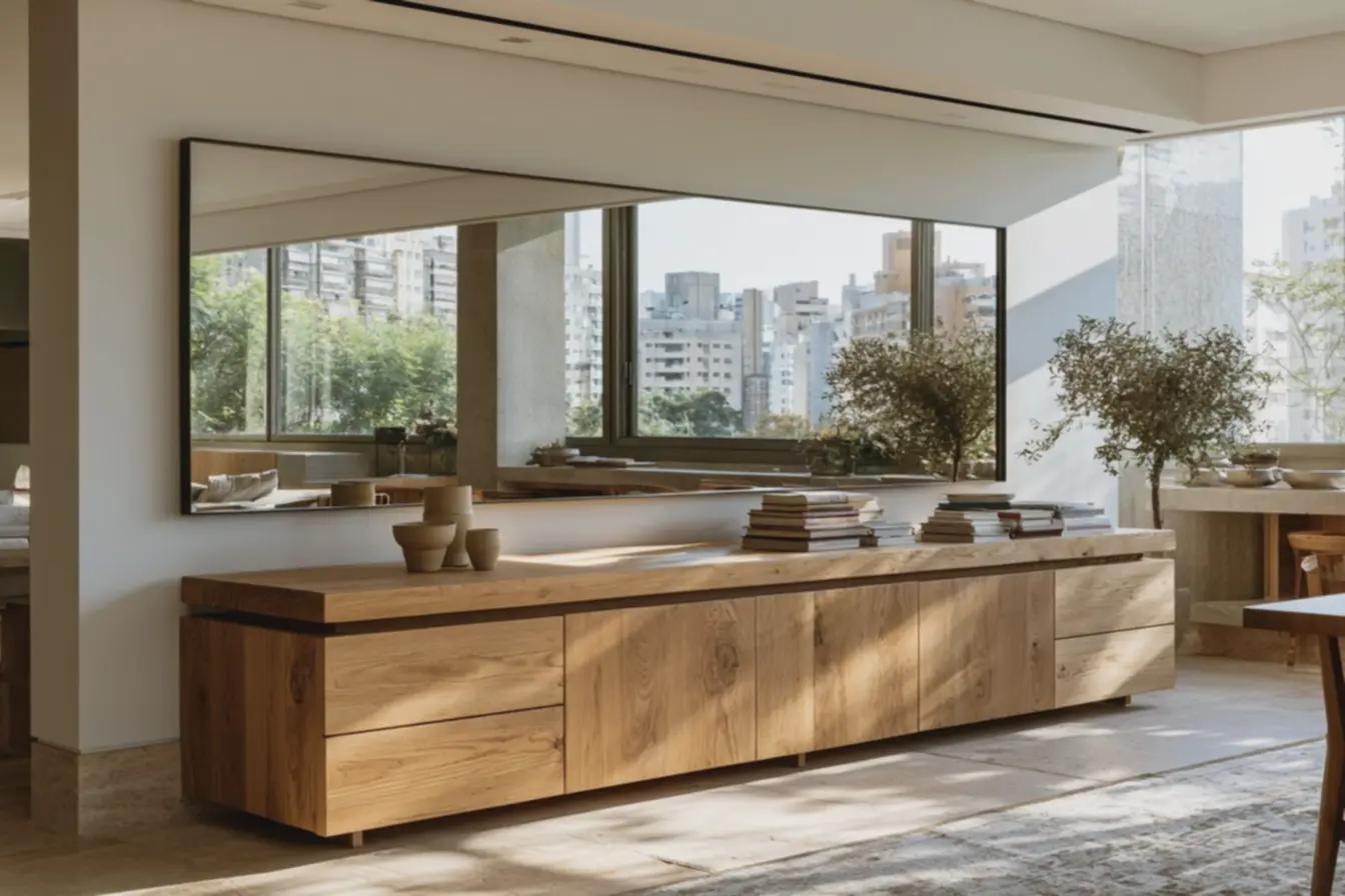 sala-compacta-integrada-de-estar-e-jantar-com-buffet-em-madeira-clara-e-espelhohorizontal-na-parede Espelhos e móveis: equilíbrio entre reflexos e armazenamento em espaços pequenos sala-compacta-integrada-de-estar-e-jantar-com-buffet-em-madeira-clara-e-espelhohorizontal-na-parede Espelhos e móveis: equilíbrio entre reflexos e armazenamento em espaços pequenos