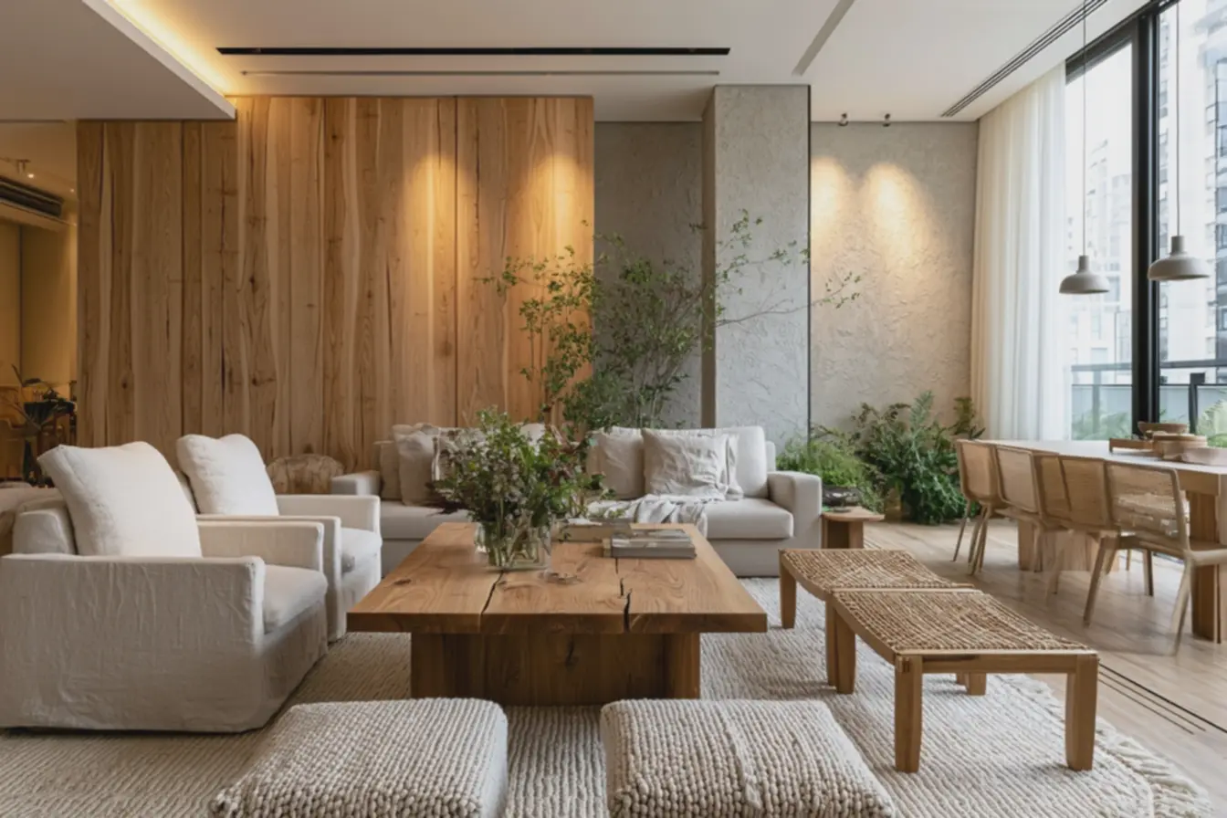 sala-compacta-japandi-com-painel-de-madeira-clara-textura-serrada-acabamentomate-veios-visiveis A madeira e as texturas naturais que deixam o japandi mais acolhedor e cheio de personalidade sala-compacta-japandi-com-painel-de-madeira-clara-textura-serrada-acabamentomate-veios-visiveis A madeira e as texturas naturais que deixam o japandi mais acolhedor e cheio de personalidade
