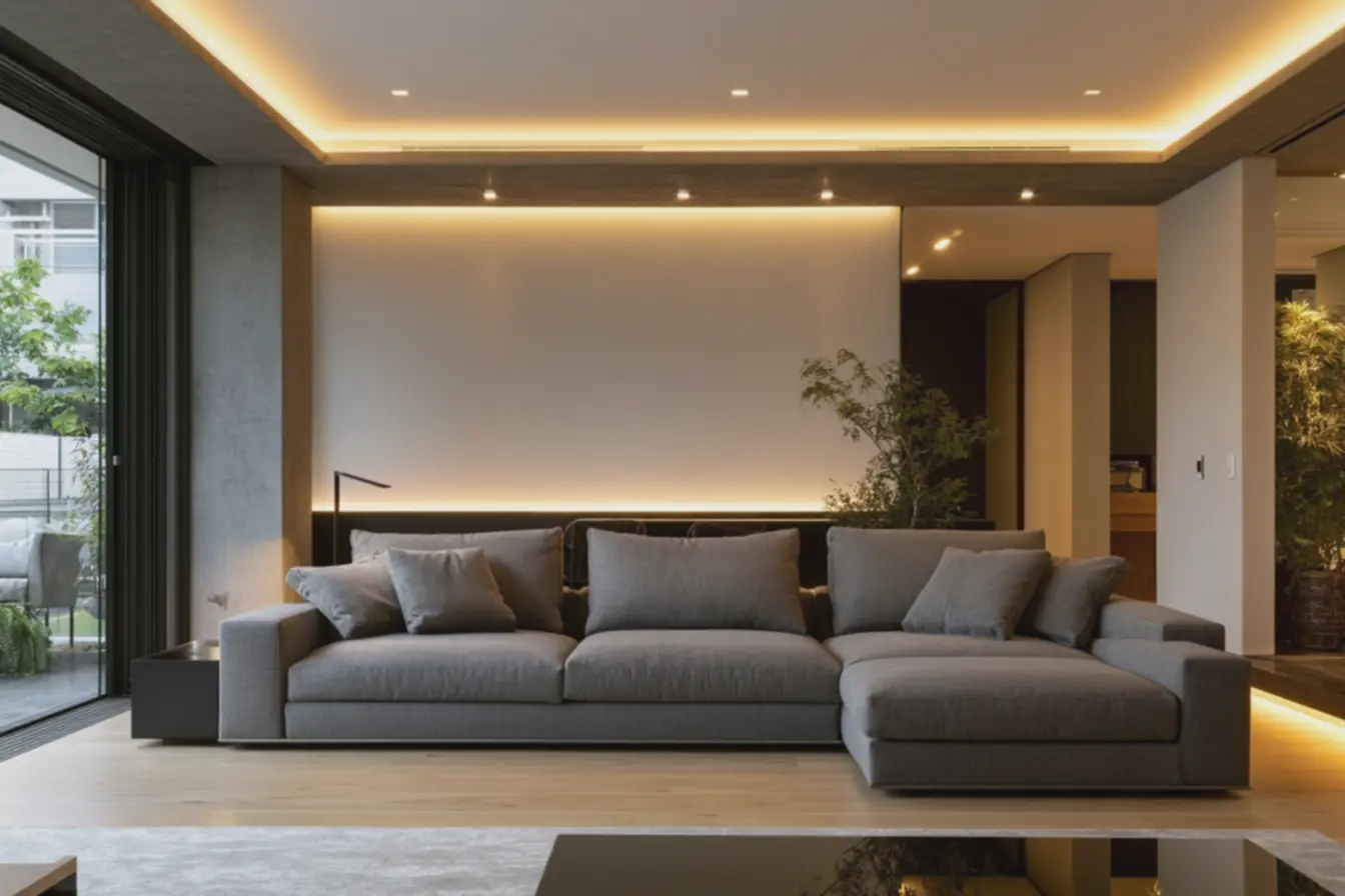 sala-contemporanea-com-faixa-de-led-quente-embutida-na-sanca-invertida-criandoilusao-de-altura Iluminação em camadas: onde instalar LEDs para ampliar ambientes pequenos sala-contemporanea-com-faixa-de-led-quente-embutida-na-sanca-invertida-criandoilusao-de-altura Iluminação em camadas: onde instalar LEDs para ampliar ambientes pequenos