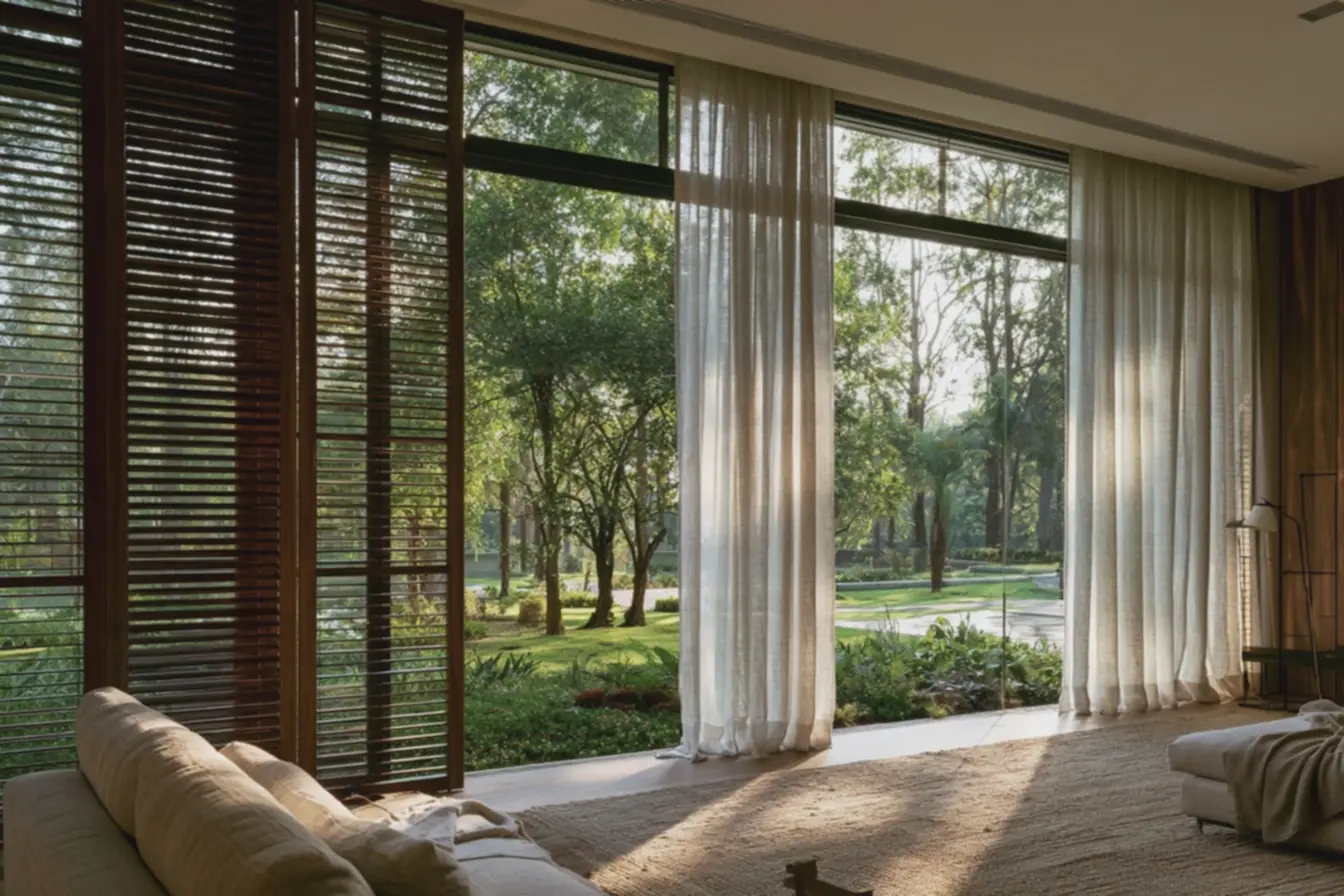 sala-contemporanea-com-janela-do-chao-ao-teto-e-persianas-de-madeira-escura-delaminas-largas Persianas de madeira com cortina leve: quando combinar e quando evitar sala-contemporanea-com-janela-do-chao-ao-teto-e-persianas-de-madeira-escura-delaminas-largas Persianas de madeira com cortina leve: quando combinar e quando evitar