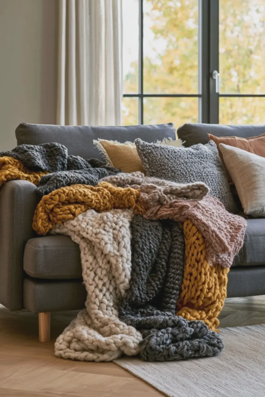 sala-de-estar-com-sofa-cinza-moderno-sobrecarregado-de-mantas-grandes-em-coresvariadas-e-texturas-pesadas Quando mais mantas atrapalham: evitar exageros no décor de inverno sala-de-estar-com-sofa-cinza-moderno-sobrecarregado-de-mantas-grandes-em-coresvariadas-e-texturas-pesadas Quando mais mantas atrapalham: evitar exageros no décor de inverno